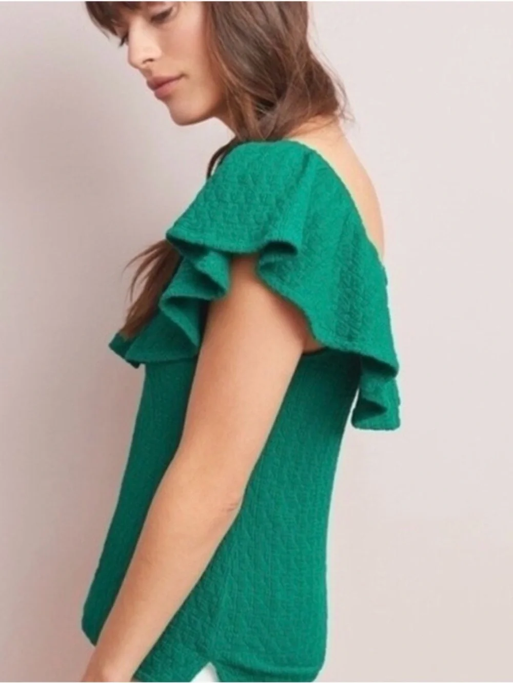 Anthropologie Emerald Green Ruffle Textured One-Shoulder Camisole - Picture 2 of 8
